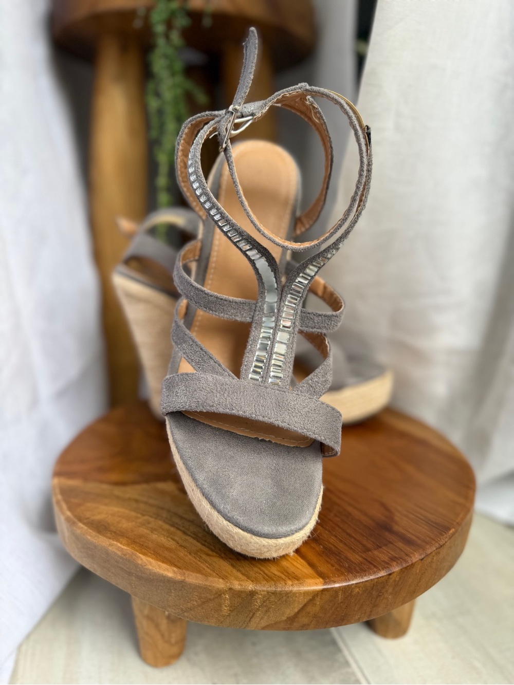 Wedge Espadrille Sandals in Gray with Ankle Strap and ✨ Bling✨